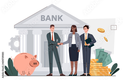 Banking industry concept. Man and woman shake hands next to gold coins and piggy bank at background of building. Financial literacy, transfers and transactions. Cartoon flat vector illustration