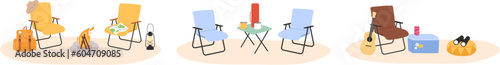 Outdoor rest on nature. Camping chairs, campfire, guitar and map. Place for relax, drinking hot beverages and eating. Forest vacations vector scenes