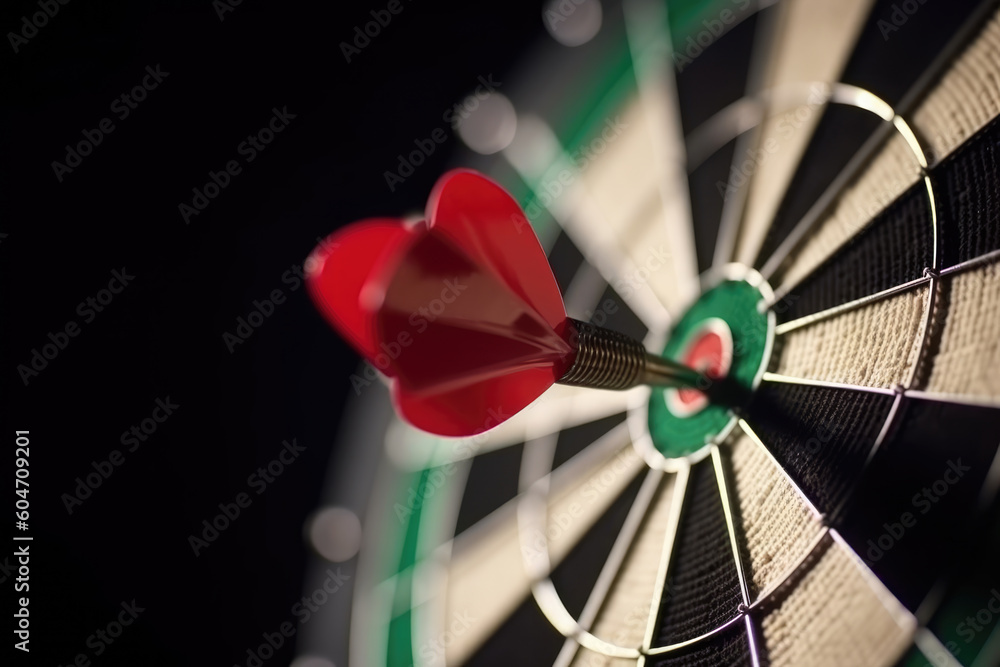 Dart arrow hitting in the target center of dartboard Dart arrow hitting in the target center of dartboard