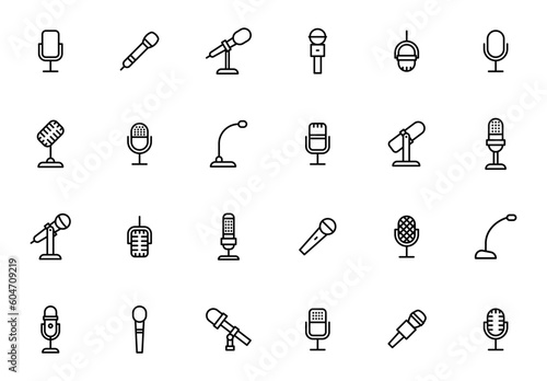 Microphone outline icon set. Mic line icons. Icons podcast, voice recognition and record. Vector Illustration.