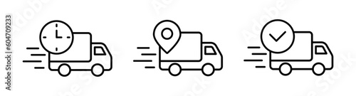 Delivery service line icons. Delivery truck. Logistics delivery flat icons set. Express delivery. Fast shipping. Shipment of goods, tracking, approved parcel.
