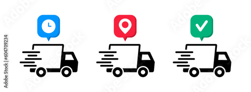 Delivery service icons. Delivery truck. Logistics delivery flat icons set. Express delivery. Fast shipping. Shipment of goods, tracking, approved parcel.