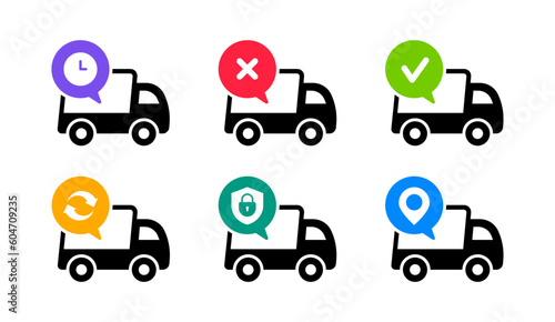 Delivery service icons. Delivery truck. Logistics delivery flat icons set. Express delivery. Fast shipping. Shipment of goods, tracking, security, return, approved and rejected parcel.