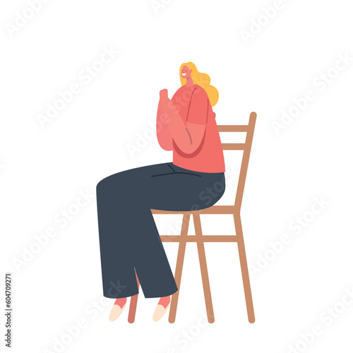 Female Character Sitting On A Chair, Eyes Closed And Hands Clasped. Woman Prays For Solace, Guidance, And Inner Peace
