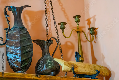 Εκτύπωση καμβά vintage metal dishes and candleholder on the table