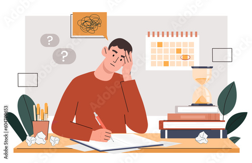 Student stress concept. Man sits with notebook and textbooks and writes with pencil. Young guy does his homework, prepares for test or examination. Cartoon flat vector illustration