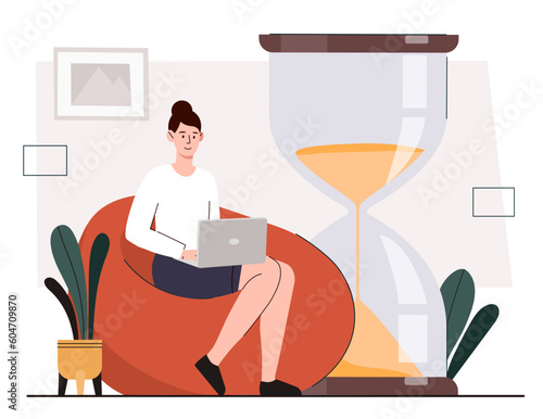 Working time concept. Women with laptop sits on couch next to hourglass. Organization of effective workflow and time management. Freelancer or remote employee. Cartoon flat vector illustration