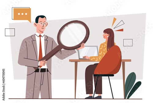 Concept of supervision. Man with magnifying glass evaluates employee or employee. Organization of effective workflow, ranking and rating, KPI. Cartoon flat vector illustration