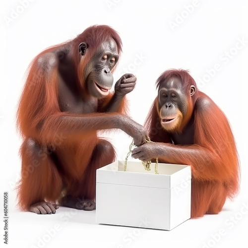 Male orangutan gives female gift in white paper bag, funny illustration with monkeys, isolated on white close-up, ai generative