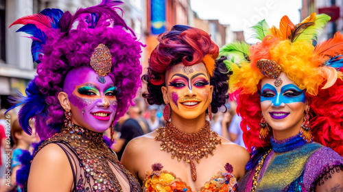 CSD LGBTQ Pride Parade, where Rainbow Colours dominate the scene all in glittering Costumes as Drag Queens or normal Generative AI Digital Art Illustration Background Magazin Cover  © Korea Saii