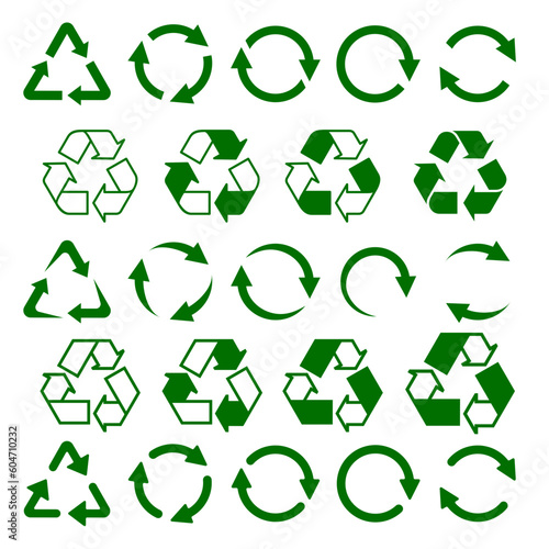 Set of green arrows recycle sign. Vector illustration. Isolated on white background