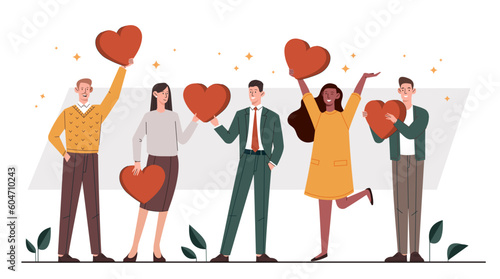 Customer reviews concept. Men and women stand with big hearts in their hands. Ranking and rating. Feedback and clients satisfaction. People leaving positive review. Cartoon flat vector illustration