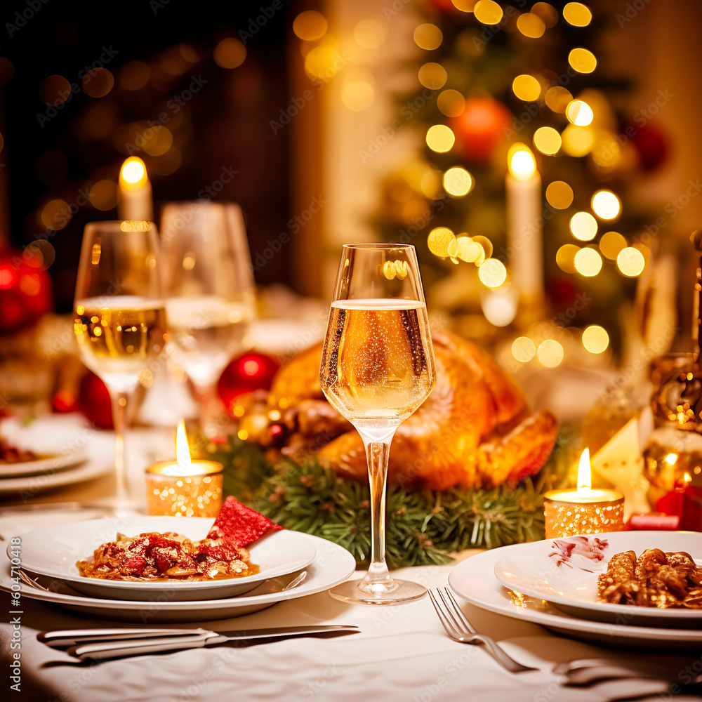 Traditional festive dinner with delicious roasted turkey served on table, glasses, candles, bokeh. Generative AI