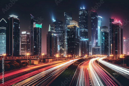 Light trails above buildings, traffic at night, city at night, traffic in the city. Generative AI