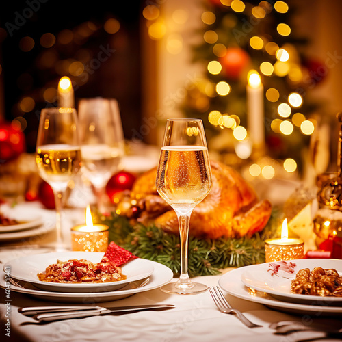 Traditional festive dinner with delicious roasted turkey served on table  glasses  candles  bokeh. Generative AI