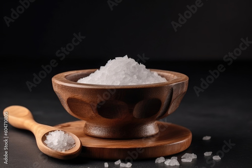 Salt in wooden bowl on stone table. Salt side view. Sea salt on dark background.