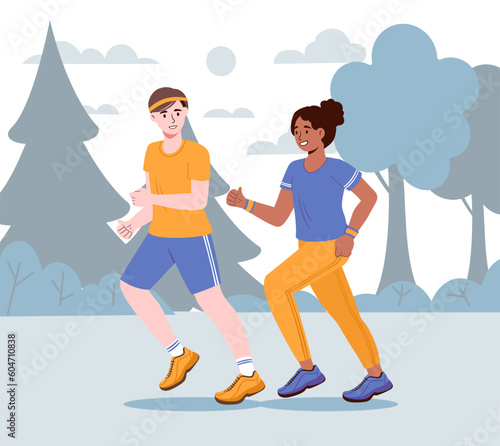 Boy and girl run. Man and woman go in for sports in forest. Marathon or sprint outdoors. Athletes and sportsmans. Runners practice and training in park. Cartoon flat vector illustration