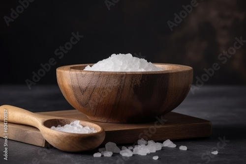 Salt in wooden bowl on stone table. Salt side view. Sea salt on dark background.