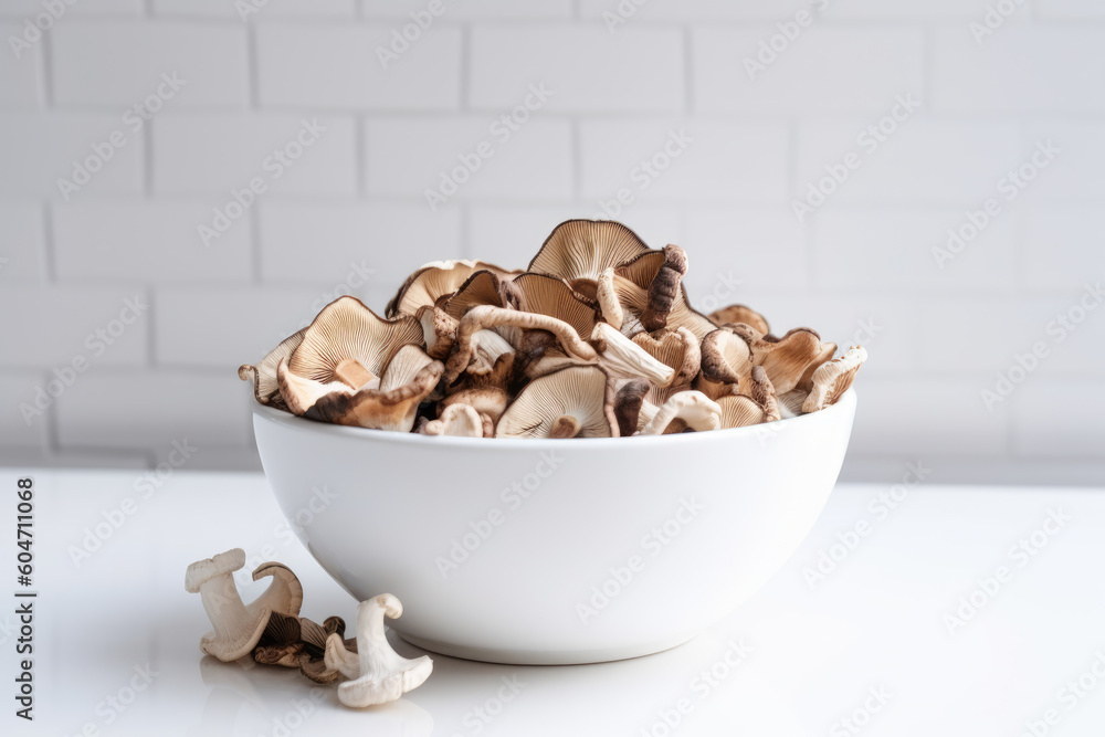 Dried shiitake mushroom in white ceramic bowl Dried shiitake mushroom in white ceramic bowl