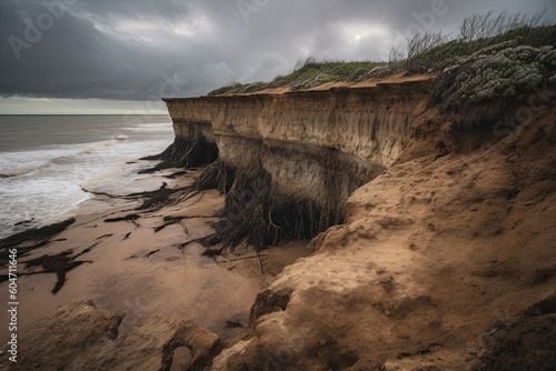 Soil erosion, coastal cliff with visible signs of erosion, exposed roots of trees and sections of land crumbling away. Ecology.