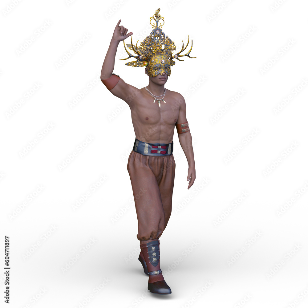 個性的なデザインの冠を付けた戦士