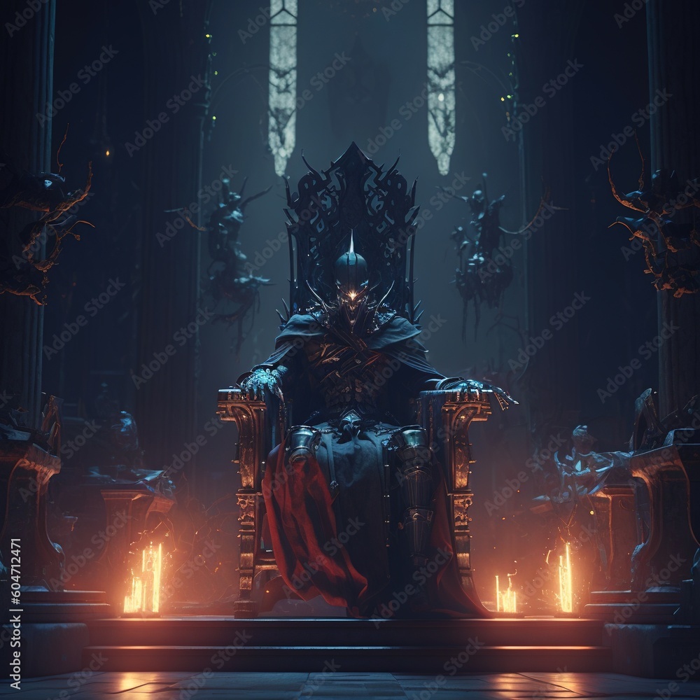 An eerie dark fantasy throne room with a dark lich lord siting at the ...