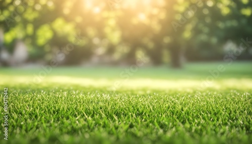 Green lawn with fresh grass outdoors. Nature spring grass background texture.  Generative AI photo