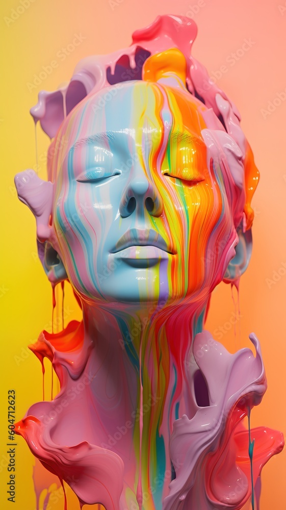 Human head shape shape emerging from colorful 3D paint. Generative AI vertical illustration