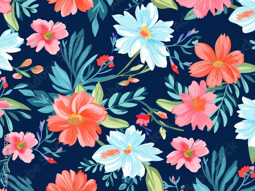 Colorful floral pattern over dark blue background. Generative AI illustration © Pajaros Volando
