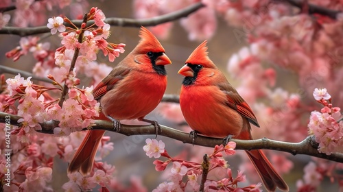 Two charming northern cardinals standing on cherry blossom tree branch together. Generative AI