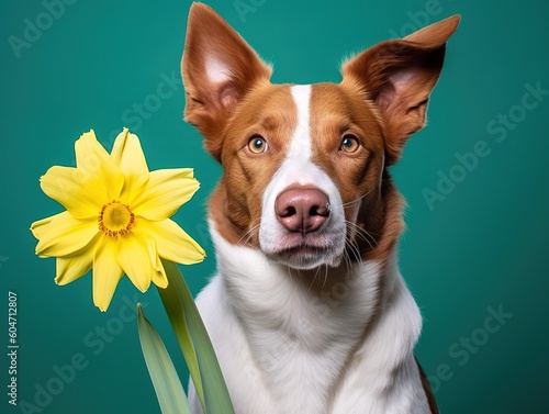 Cute brown and white dog with daffodil flower over green background. Generative AI © Pajaros Volando