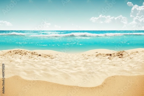 serene beach with clear blue waters and white sandy shores under a beautiful cloudy sky. Generative AI