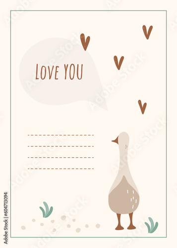Printable vector card with cute goose with hearts for Valentine's day. Kids design. 