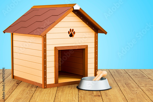 Wooden doghouse with bowl and bone on wooden desk, 3D rendering photo