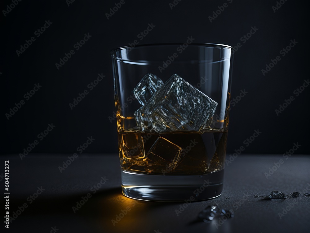 Glass of whiskey with ice cubes in a dark ambient on the table in a dark day. Generative AI
