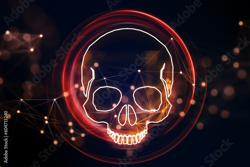 Fototapeta Naklejka Na Ścianę i Meble -  Red glowing skull digital illustration, dark screen texture background, hacking attack and ransomware concept. 3D Rendering