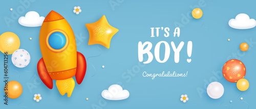 Baby shower horizontal banner, invitation or greeting card with cartoon rocket, helium balloons and clouds on blue background. It's a boy. Vector illustration