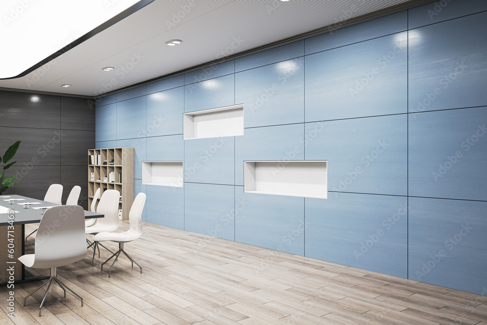 Side view on light blue wall background in spacious conference room with black meeting table and white chairs on wooden floor. 3D rendering Side view on light blue wall background in spacious conference room with black meeting table and white chairs on wooden floor. 3D rendering