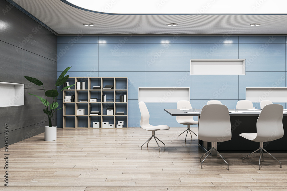 Side view on stylish black meeting table surrounded by white chairs on wooden floor with light blue wall with bookshelf background and high white ceiling in spacious conference room. 3D rendering - obrazy, fototapety, plakaty 