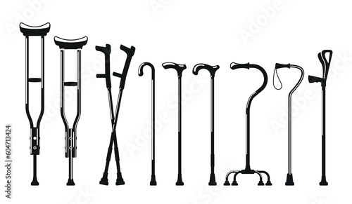 Mobility Aids Crutches And Walking Canes Black and White Icons. Tools or Aids Provide Assistance And Stability