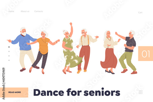 Dance for seniors landing page template for online service providing active leisure for elderly