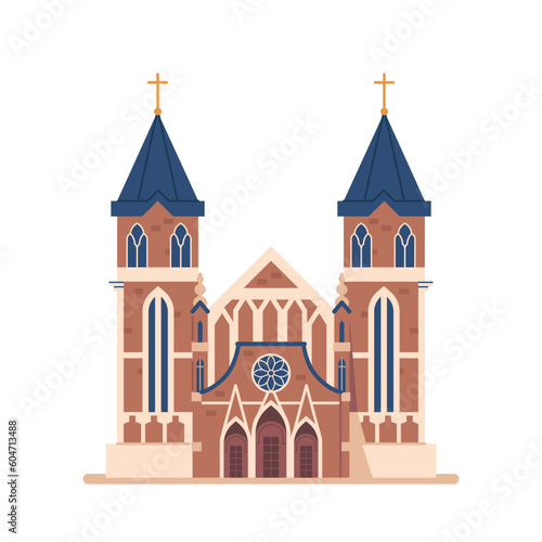 Catholic Church Building. Tall, Majestic Structure With Ornate Architecture And Intricate Stained Glass Window