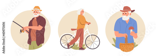 Active pensioner set, recreation outdoor activity and hobby for elderly people on retirement