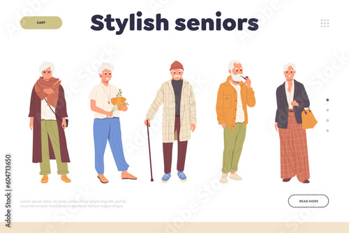 Stylish senior landing page design template with trendy old people wearing elegant modern clothes