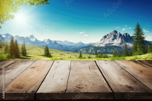 rustic wooden table with a breathtaking mountain landscape in the background. Generative AI