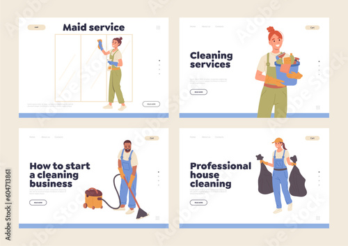 Set of landing page design template for online cleaning service order offering professional help