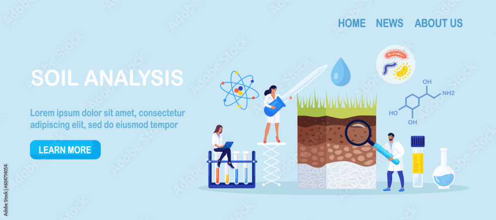 Soil analysis, earth pollution. Scientists study of composition of substances in ground layer structure sample. People research soil nutrients, microorganism in laboratory. Bioengineering, chemistry