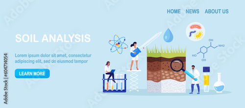 Soil analysis, earth pollution. Scientists study of composition of substances in ground layer structure sample. People research soil nutrients, microorganism in laboratory. Bioengineering, chemistry