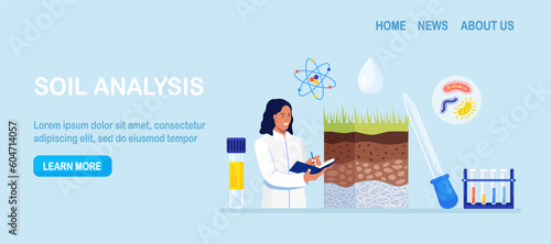 Soil analysis, earth pollution. Scientists study of composition of substances in ground layer structure sample. Woman research soil nutrients, microorganism in laboratory. Bioengineering, chemistry