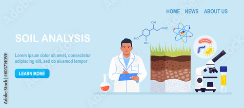 Soil analysis, earth pollution. Scientists study of composition of substances in ground layer structure sample. Person research soil nutrients, microorganism in laboratory. Bioengineering, chemistry